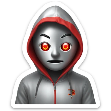 A silver human with red laser beam coming out of eyes , wearing a hoodie with red bitcoin logo sticker