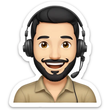 laughing man with black hair, brown eyes, black beard wearing gaming headset sticker