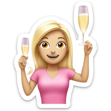Blonde girl cheering up with champagne over head pink sticker