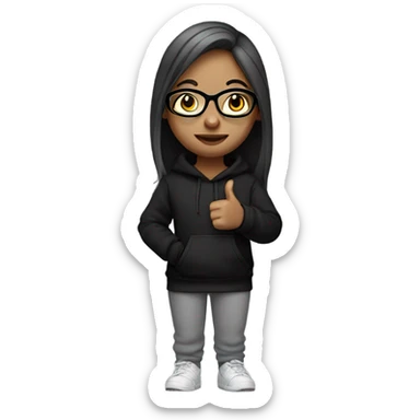 girl standing with thumbs up black hoodie and grey sweatpants and she has straight hair, and she uses glasses sticker