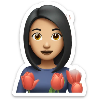 Asian woman with dark hair and tulips sticker