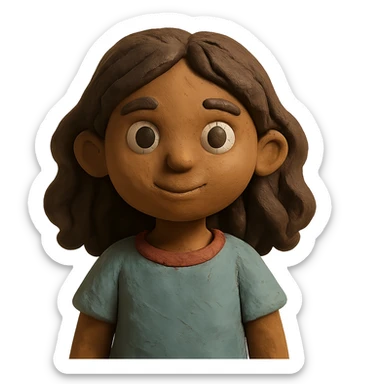 brown girl with wavy hair and brown eyes in claymation style sticker