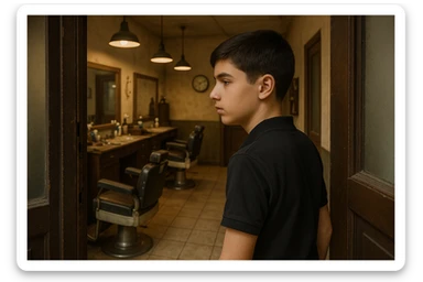 sartaroshxonaga kirib kelyotgan odam rakurs  ichkarigan hali o'smirin yoshda soqoli yo'q ichkari unchalik eski ham yangi ham emas 
 sticker