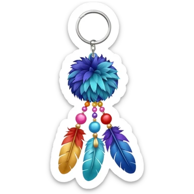 Keychain with big hanging feather and beads and soft fluffy big Pom-pom-balls attached    sticker