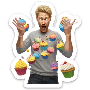 white man destroying cupcakes with his hands sticker