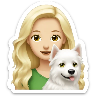a white girl with green eyes, a blonde hugs a white Spitz puppy with brown eyes sticker