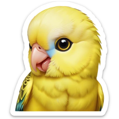 Cinematic Cute Yellow Budgie Portrait Emoji, Head tilted playfully and inquisitively, featuring a radiant yellow feathered fur with a natural sheen, round, sparkling dark eyes filled with curiosity, Simplified yet irresistibly adorable features, highly detailed, glowing with a warm, friendly glow, high shine, affectionate and lively, stylized with a touch of whimsy, bright and endearing, soft glowing outline, capturing the essence of a mischievous yet loving budgie, so playful it feels like it could chirp out of the screen and into your arms! sticker