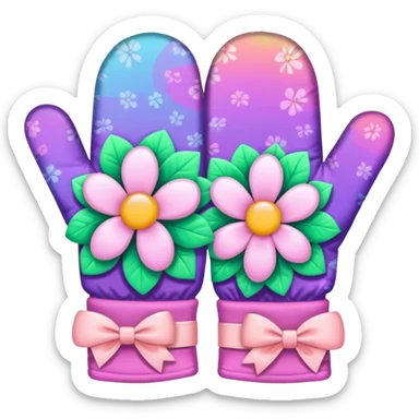 Psychedelic colored hippie style mittens with a flower and pale pink bow sticker