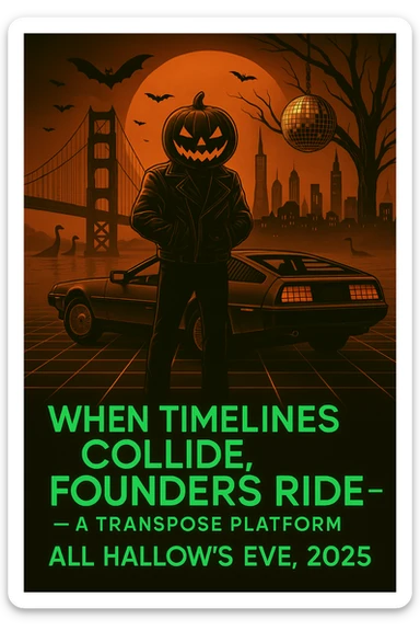 Add the words below the DeLorean, make the words neon retro green, When Timelines collide, Founders ride — a Transpose Platform All Hallows’ Eve, 2025.  sticker