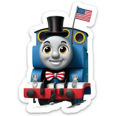 thomas the tank engine wearing a suit with an American flag sticker