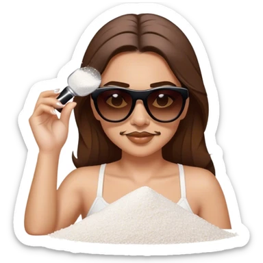 White woman with brown hair posing as salt bae with sunglasses. She is sprinkling salt on top of a pile of makeup sticker