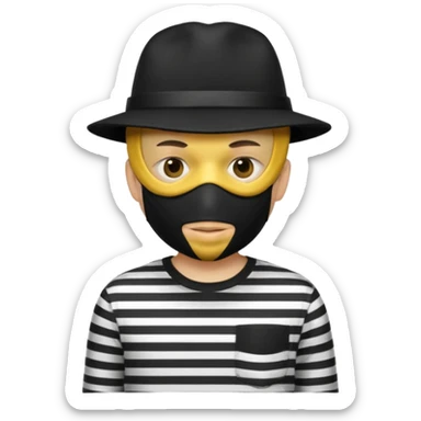 Shrugging shoulders emoji but wearing cliche robber outfit not holding any money, emoji yellow skin tone sticker