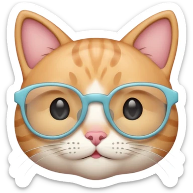 A cute cat emoji wearing geek-chic glasses, minimal design, simple shapes, soft pastel colors, clean vector style, centered composition, emoji style, smooth lines, subtle shadow, high resolution, transparent background, PNG format, no background sticker