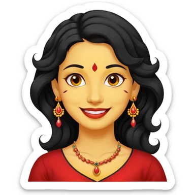 "- Phụ nữ
- 35 tuổi
- Da vàng
- Tóc đen xoăn nhẹ
- Có chấm đỏ Bindi, đeo khuyên tai
- Mặt cười
" sticker