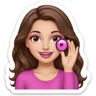 girl with long wavy brown hair, brown eyes, long lashes makeup, sexy pink lips, light to medium complexion, pink sexy top, smiling, hand covering eyes sticker