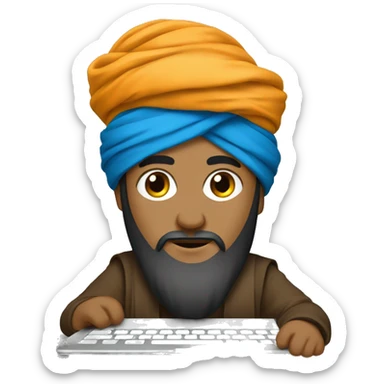 A caliph with turban writing in a laptop sticker