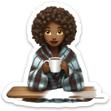Beautiful girl wrapped in cozy plaid blanket drinking coffee sticker