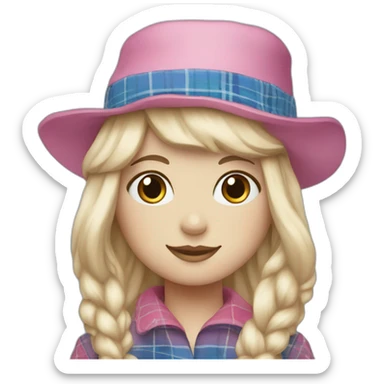 ragdoll with blond hair, pink hat and blue and white tartan dress sticker