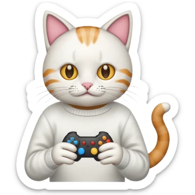 cat wearing a white sweater playing video games sticker