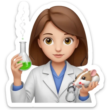 a cute brown haired girl with hazel eyes holding a white mice in hand doing experiment in lab sticker