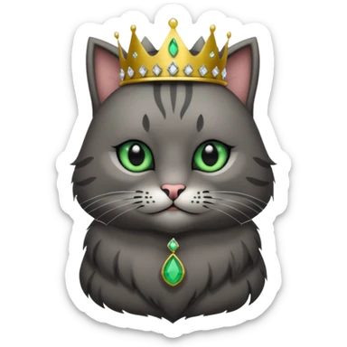 Gatito gris oscura con rayas negras ojos verdes vestida de reina con coronas y diamantes, más peluda y gordura  sticker