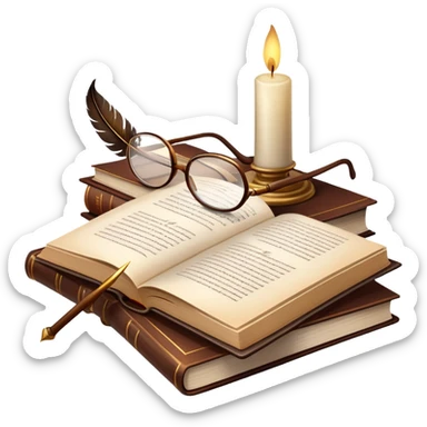 An icon showing an open classic book with elegant pages, a feather quill, and reading glasses resting on top. Behind it, a stack of literary works and a candle evoke deep study and timeless stories. Transparent background highlights the analysis of literature and texts. sticker