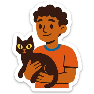 young male with brown light skin, slightly curly hair, holding a black cat sticker