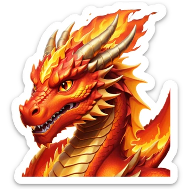 cinematic-noble-fierce-fire-dragon-portrait-emoji,-poised-and-imposing,-with-a-muscular,-scaled-body-ablaze-in-fiery-hues-of-crimson,-molten-orange,-and-molten-gold,-and-intense,-burning-eyes-that-mirror-the-heart-of-a-volcano;-rendered in detail sticker