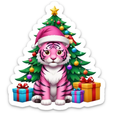 Pink tiger with Santa sitting by a brightly lit colorful Christmas tree with gifts 🎁  sticker
