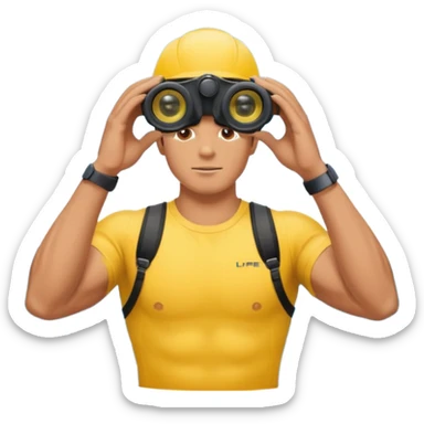 Male lifeguard – yellow shirt, binoculars in hand, scanning the sea, full body sticker