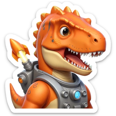 rocket-propelled dinosaur portrait, head and shoulders only, cute T-rex face, rocket pack visible behind shoulders, glowing thrusters, 3D cartoon, mobile game icon style, clean background, no text, no watermark sticker
