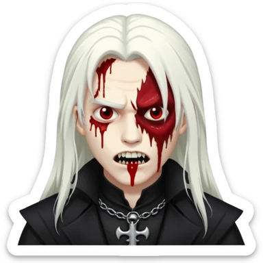 Creat a young man Vampire that have long white hair and white skin and full black eyes and bloody mouth and full black outfit and long fangs and scary eyes sticker