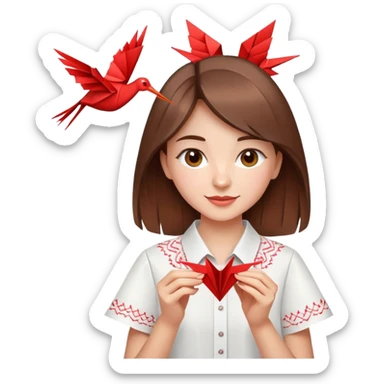 A happy Ukrainian young girl with brown hair in a white embroidered shirt makes an origami red crane craft sticker