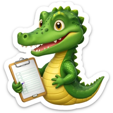 A cartoon gator with a clipboard and a pencil against a light green circle background sticker