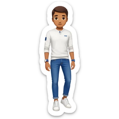 Human wearing white shoes and white shirt and blue jeans and wearing a navy blue SuperDry mark watch on his left hand sticker