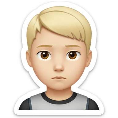"- Nam
- 10 tuổi
- Da trắng
- Tóc ngắn, vàng, vuốt undercut gọn gàng
- mặt nghiêm túc
" sticker