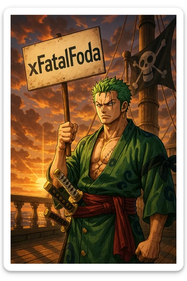 Zoro from One Piece holding a protest sign with ‘xFatalFoda’, on a pirate ship deck at sunset, dramatic anime lighting, Wano arc style, highly detailed sticker