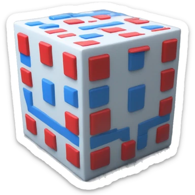 Create one cube-shaped object with number 0(blue color) and 1(red color) displayed on its surfaces inside, representing a matrix or data grid. sticker