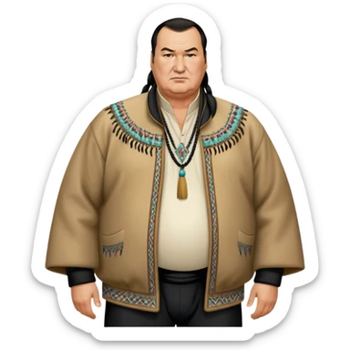 unhealthy steven segal show entire-body balding with ponytail. pot belly. native american style jacket-with-tassles black pants big belly sticker