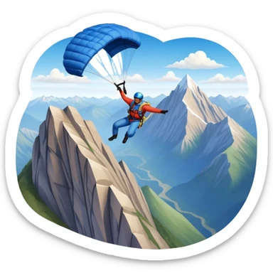 A base jumper soaring through the air, parachute deployed, flying off a steep mountain peak. The background is filled with majestic mountains, clear blue sky, and distant clouds, capturing the exhilarating thrill and beauty of extreme sports. sticker