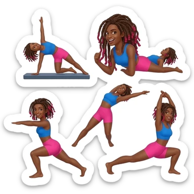 African American girl with long brown dreadlocks with red tips, pink workout shorts and a bright blue cropped top in various Pilates positions sticker