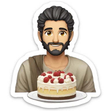 manga style middle eastern man with a manbun eating a cake sticker