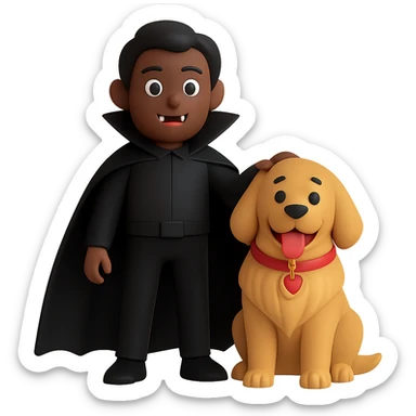 Change the vampire to have brown skin and dress all in black, keep the vampire on the left and the happy golden retriever on the right, preserve the 3D emoji style, keep the background transparent. The style to emulate is 3D emoji style with transparent background. sticker