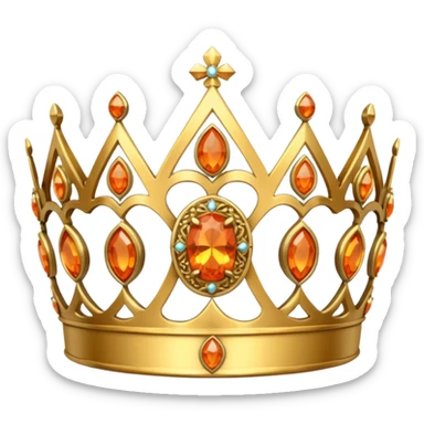 gold tiara with orange stones and a crusader emblem sticker