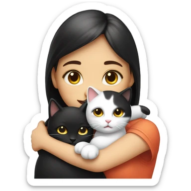 Girl hugs tricolor  and black and white two cat sticker