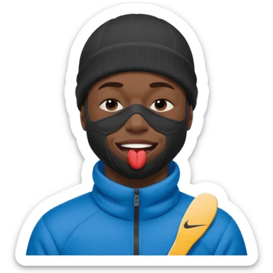 black guy with nike ski mask on squinching his face with his lips puckered trying to hold his laugh with his eyes closed sticker