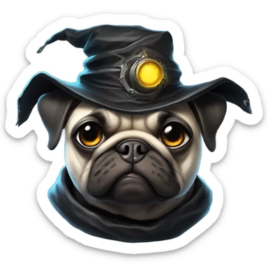 cyberpunk pug wearing a black wizard's hat sticker