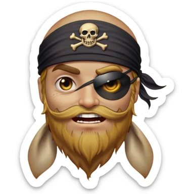 Clash of Clans aesthetic Comical Pirate Portrait Emoji, Head tilted dramatically with an exaggerated, fun expression and wide, comically expressive eyes behind a quirky eye patch, featuring a rugged yet cartoonish build with a playful bandana and natural skin tone, Simplified yet hilariously expressive features, highly detailed, glowing with a slightly sassy oceanic glow, high shine, dramatic yet playful, stylized with an air of cheeky maritime mischief, soft glowing outline, capturing the essence of a meme-worthy pirate who brings humor to epic quests! sticker