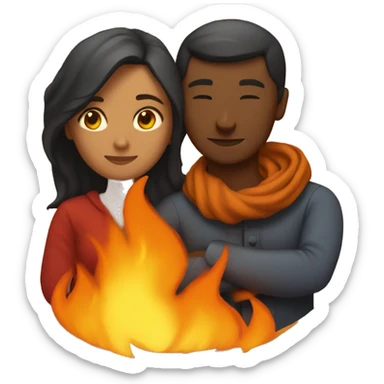 man and woman cuddle by fire sticker