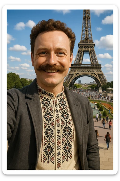 takes a selfie in front of the Eiffel Tower sticker